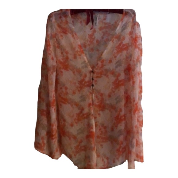 Hang Ten large orange & white semi sheer floral 3 button bell sleeve - Picture 1 of 13